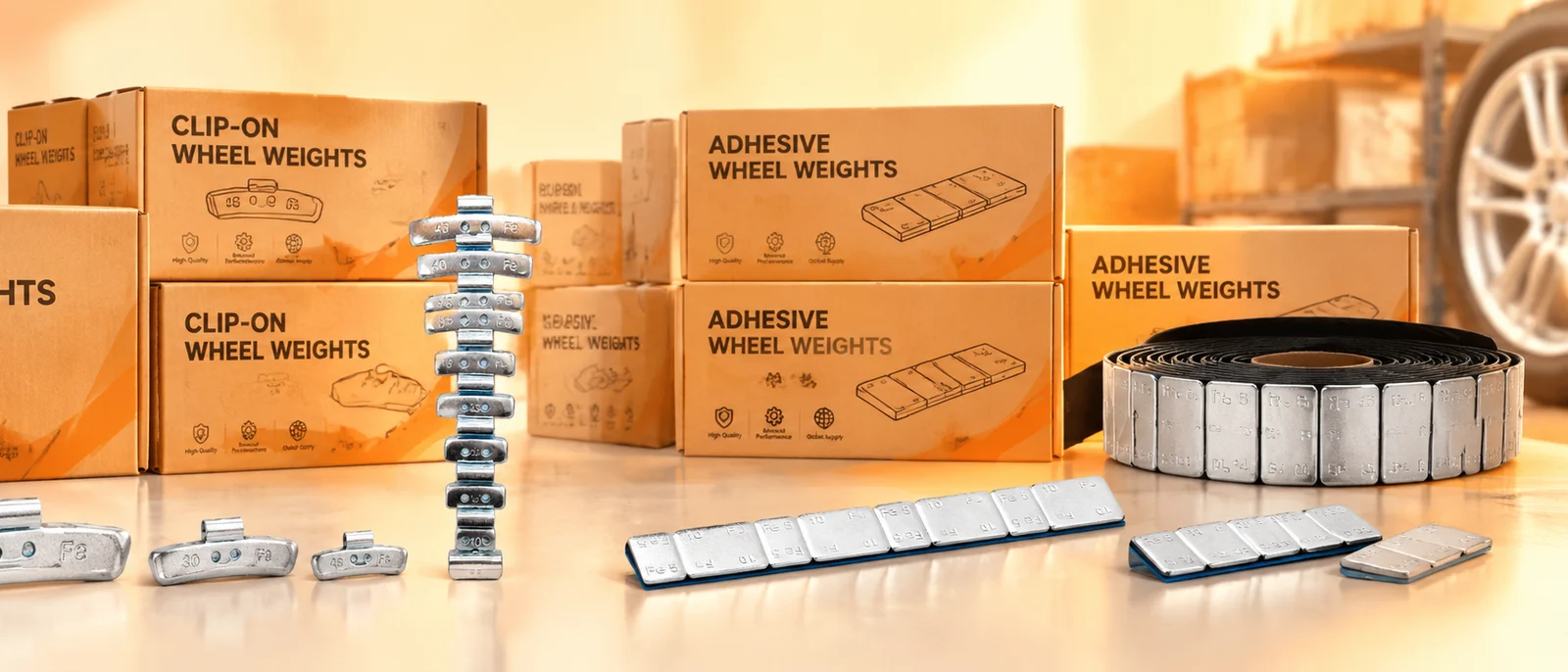 Fe adhesive wheel weights with red tape and a 50 g clip-on wheel weight from a wheel weight manufacturer